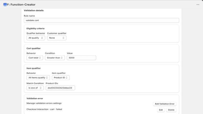 cart validation function creation