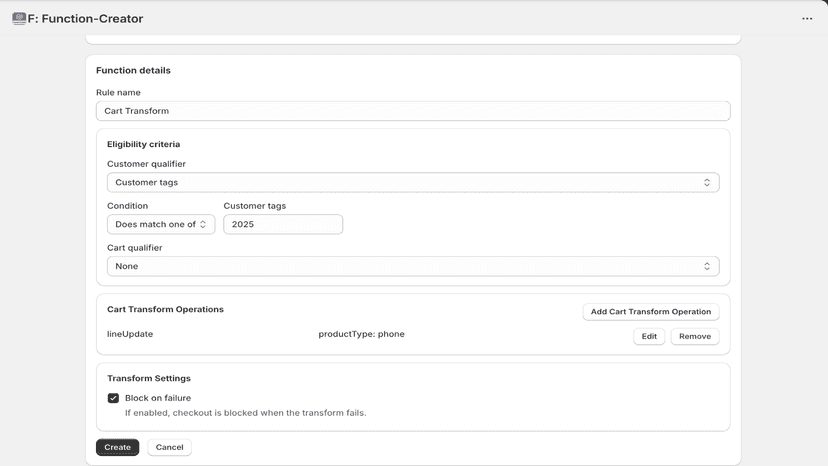cart transform function creation