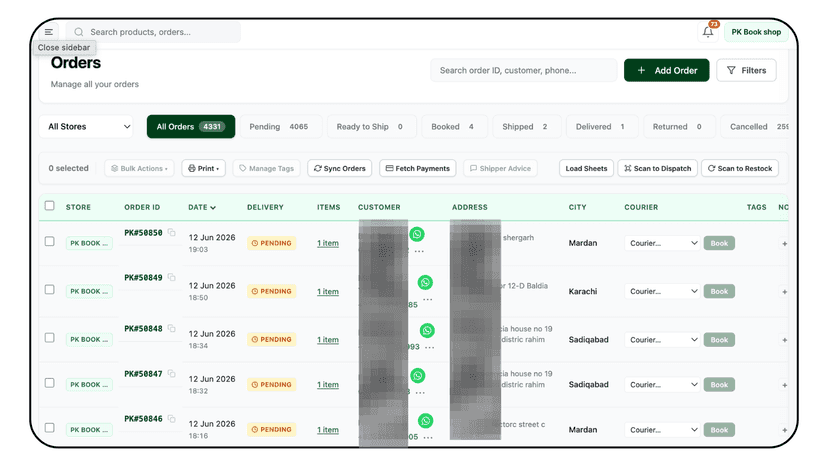MyEcomERP orders page showing Shopify orders