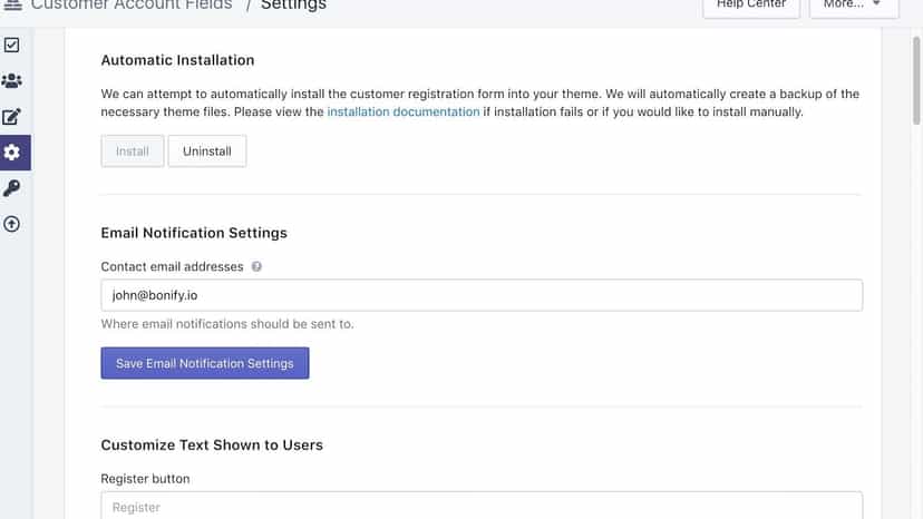 Override settings for registration