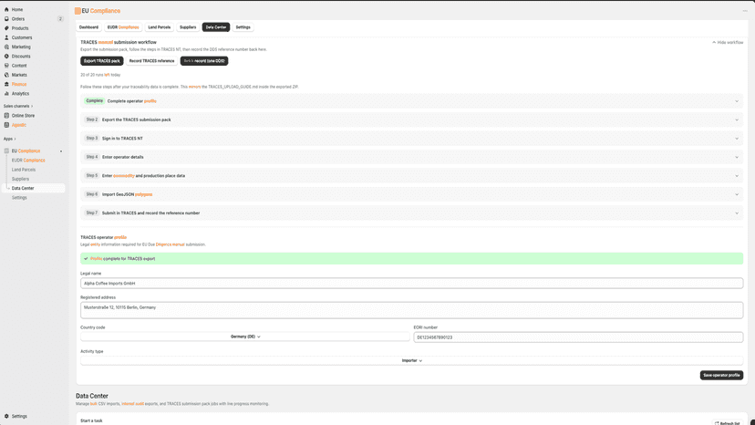 EU Compliance Data Center showing TRACES manual submission