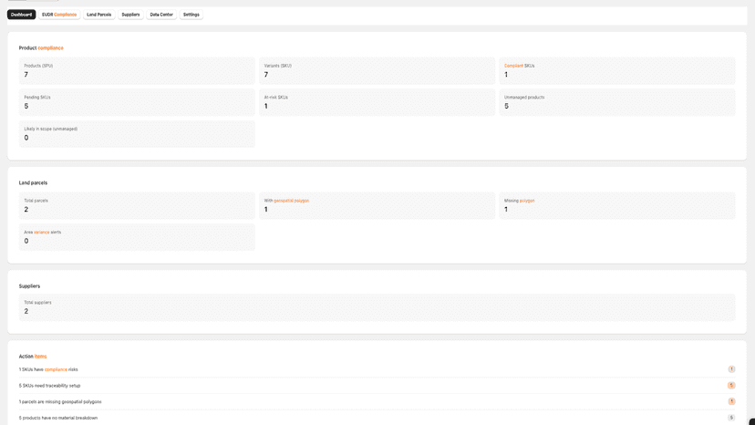 EUDR compliance dashboard with SKU, parcel, and supplier summary