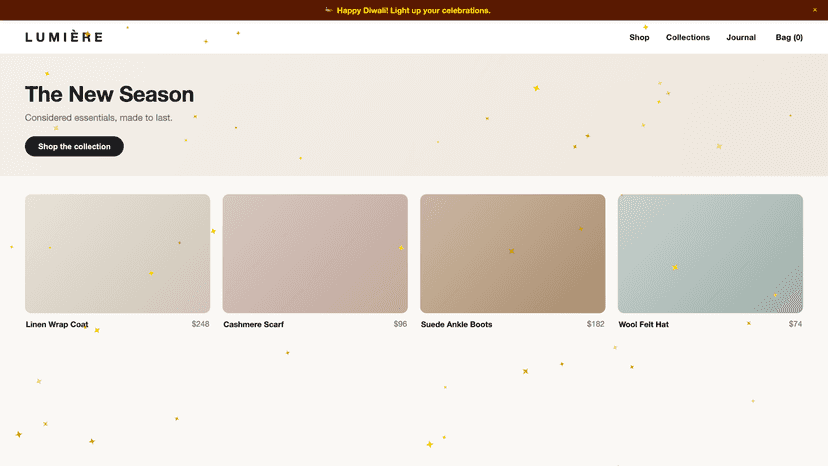 Diwali mode: golden festive banner and sparkles on a store