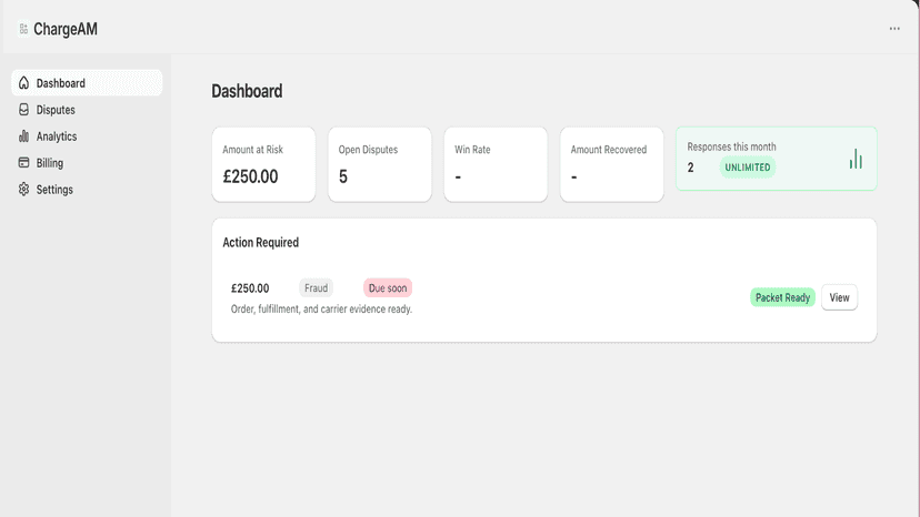 Dashboard showing open dispute and packet status