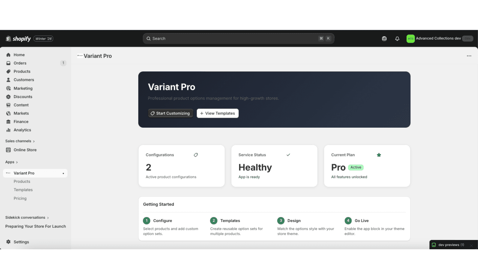 Variant Pro dashboard showing app status and active configuratio