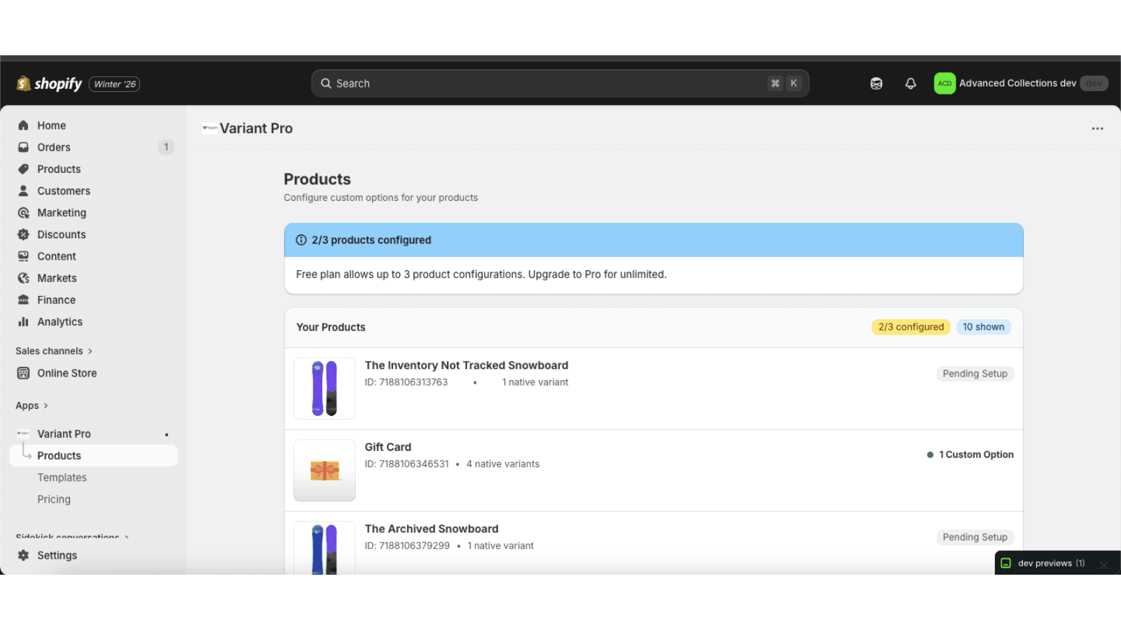 Variant Pro dashboard showing configured products