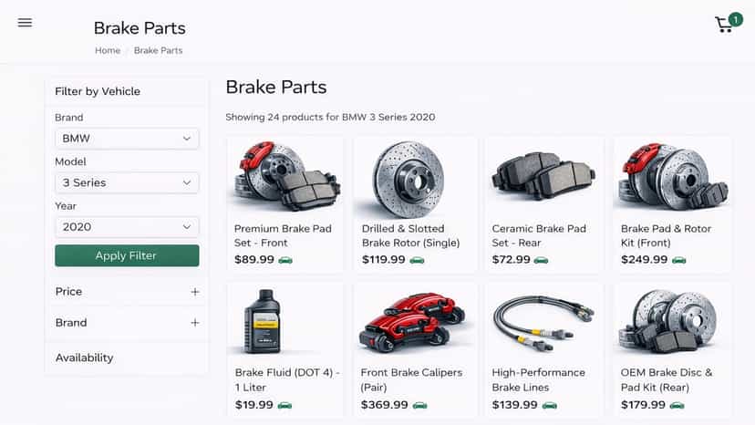 Collection page with vehicle filter showing BMW 3 Series parts