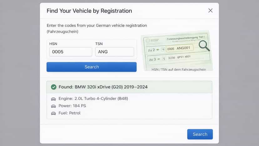 HSN/TSN lookup feature finding vehicle from registration codes