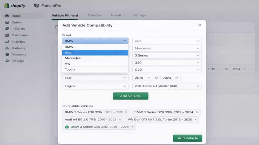 6-stage vehicle selector with brand, model, variant, platform, y