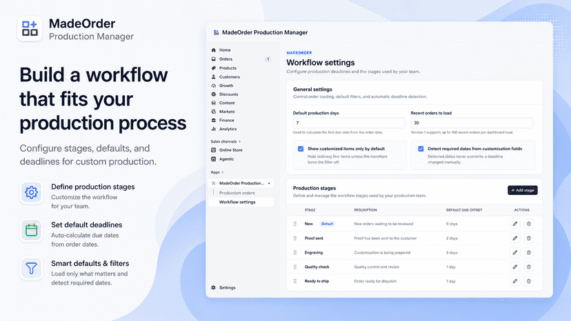Workflow settings with custom stages and default deadlines