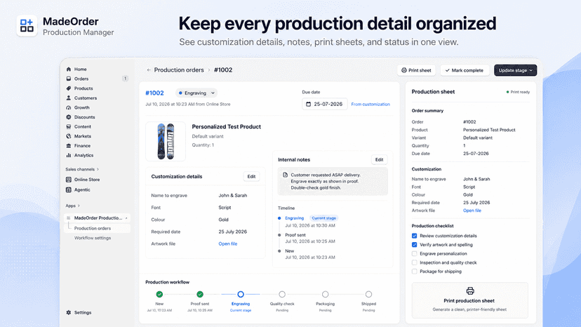 Production item details with notes, workflow, and print sheet