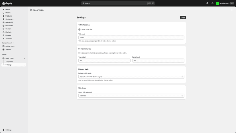 Global display settings for title, booleans, and table style