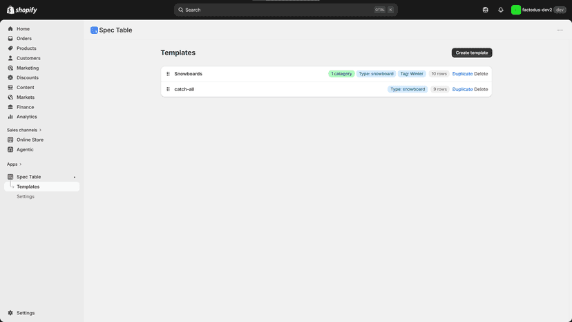 Templates list with taxonomy, type, and tag bindings