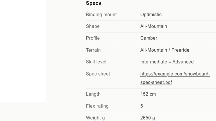 Product specs table on storefront from metafields