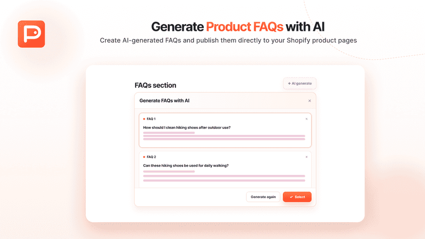 AI FAQ flow with answers and storefront FAQ preview.