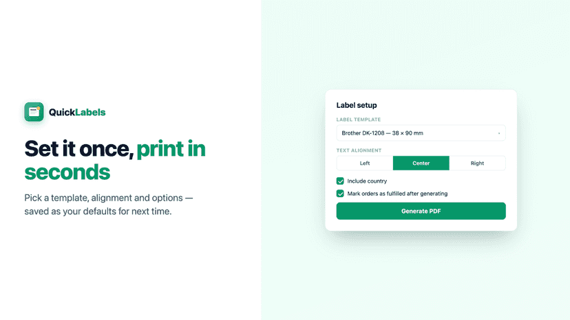 Label setup: template, alignment, country, fulfill