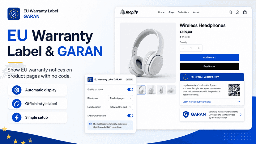 EU Warranty Label shown on a Shopify product page