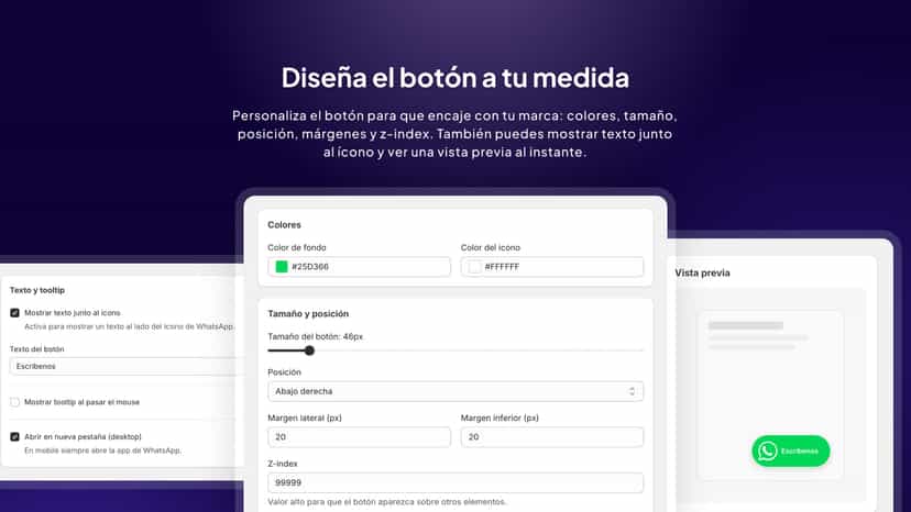 Apariencia del botón: colores, tamaño, posición y vista previa