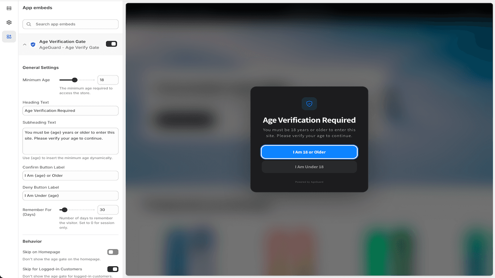 AgeGuard age verification gate with customizable settings