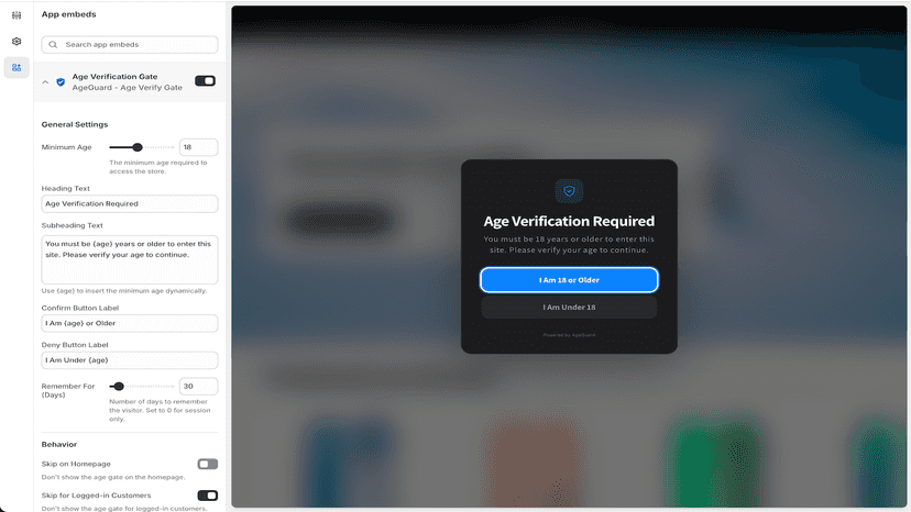 AgeGuard general settings in the Shopify Theme Editor with live