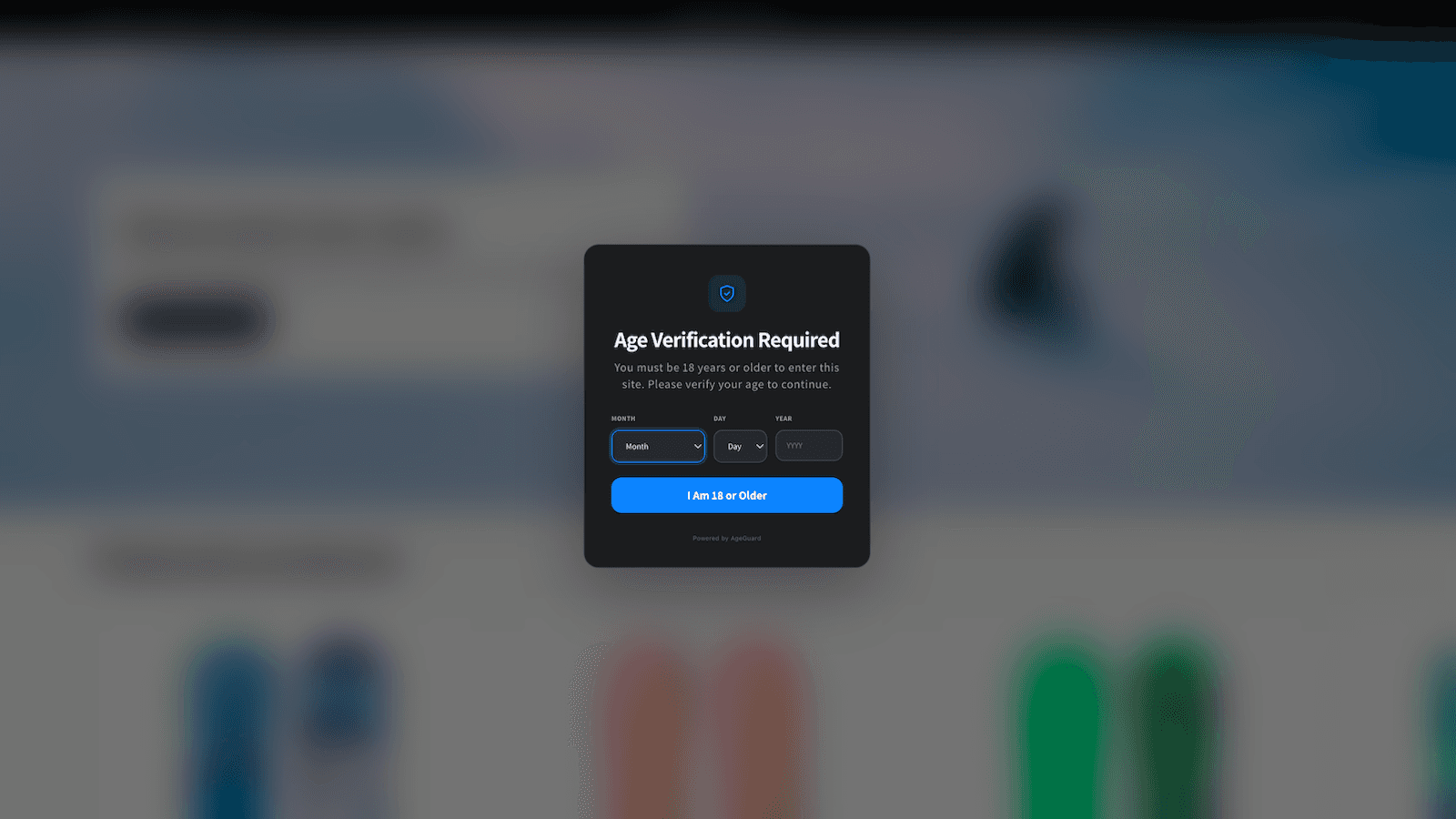 Age verification (DOB mode) displayed over a Shopify storefront