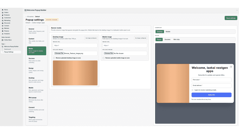 Media tab with desktop and mobile banner image upload