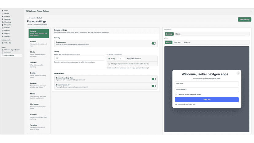General settings with popup visibility, timing, and live preview