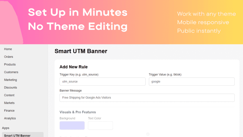 Shopify admin app showing UTM-based top banner rule setup