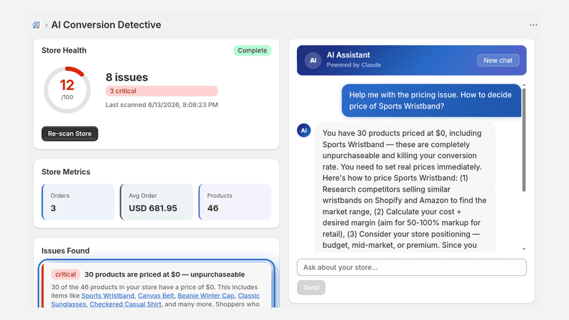Scan your store for conversion issues and get help from Claude