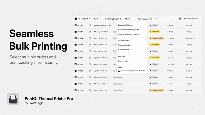Bulk print multiple packing slips from Shopify orders