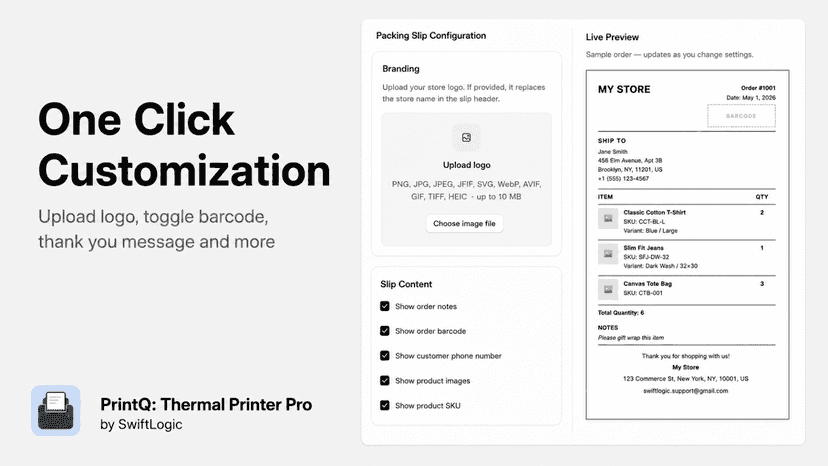 Custom packing slip setup with live preview toggles