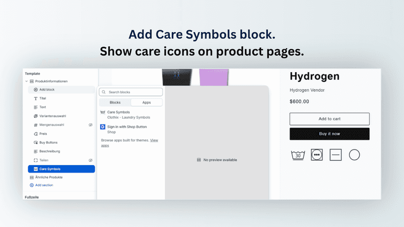 Add the Care Symbols block in the theme editor