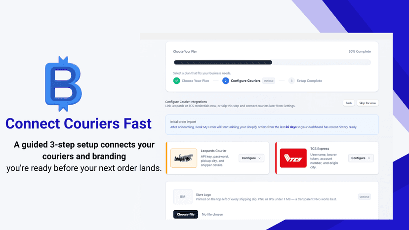 Courier setup screen for entering TCS and Leopards credentials