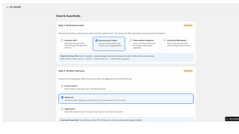 Merchant admin panel showing goal and guardrail settings