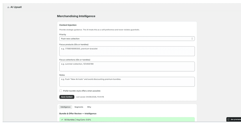 AI context settings for guiding product recommendations