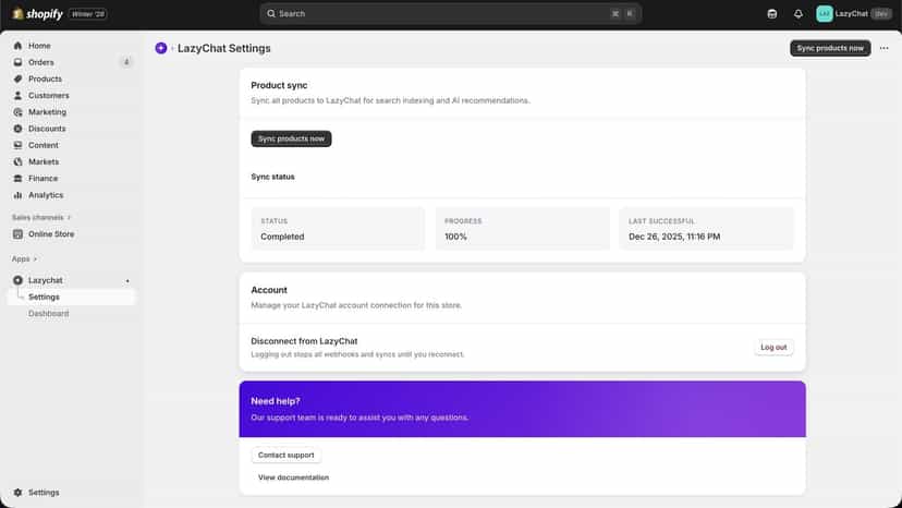 Lazychat app settings in shopify