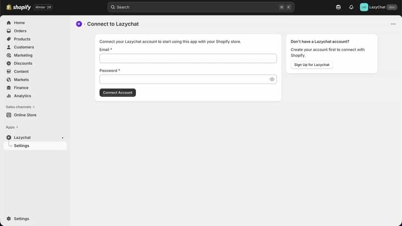 Lazychat Login inside Shopify