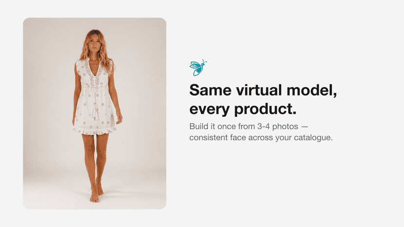 Same AI virtual model wearing a white dress, full length