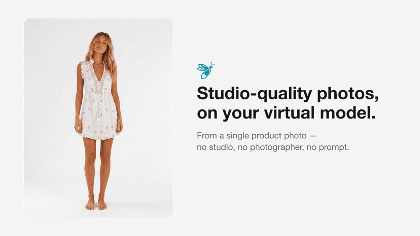 AI on-model photo of a white floral mini dress, studio shot