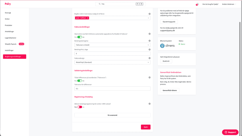 Pairy-dashboard accounting settings