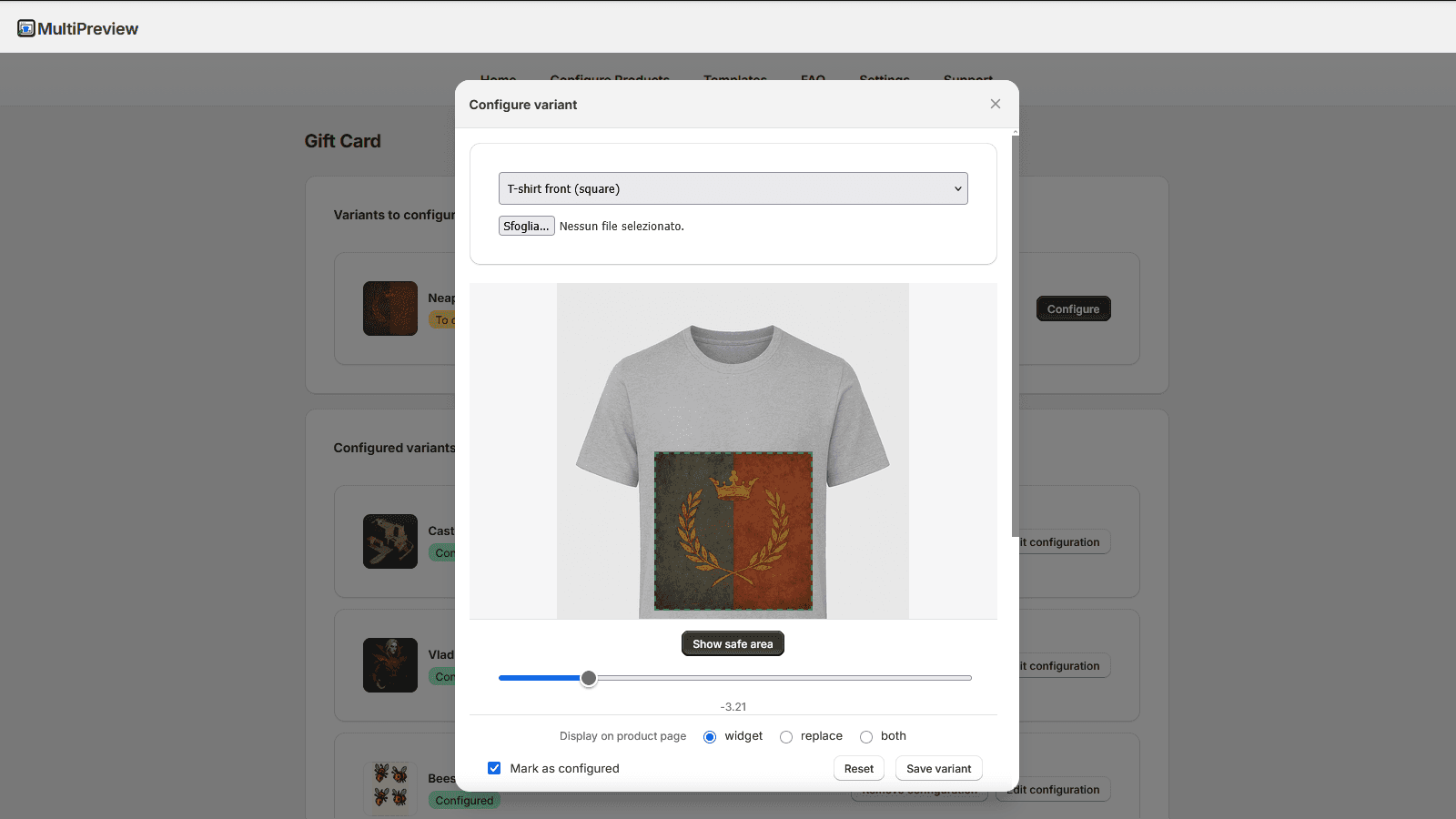 Configure product variants using templates and artwork
