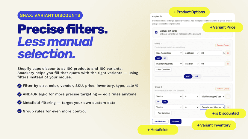 Rule builder with AND/OR filters, groups, and gift card toggle
