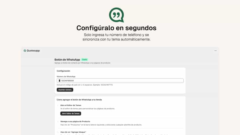 Configuración del número de WhatsApp en panel de la app
