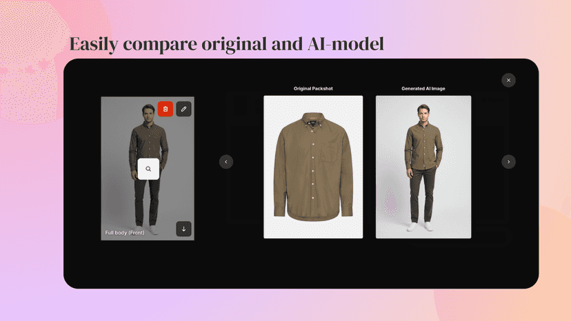 Compare packshot to ai generated model