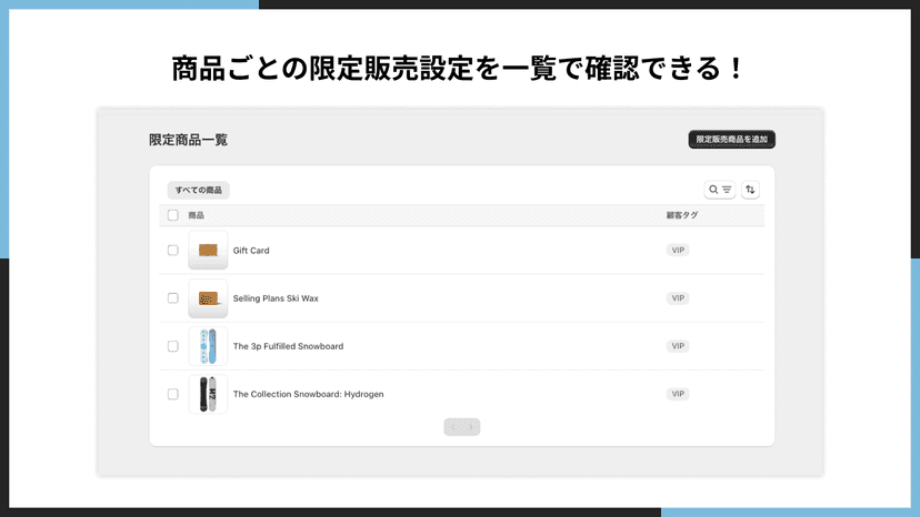 商品ごとの顧客タグごとの限定販売設定を一覧で確認できる!