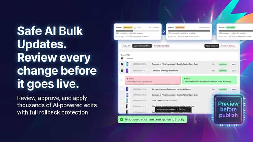 AI bulk edit preview with before/after and apply to store