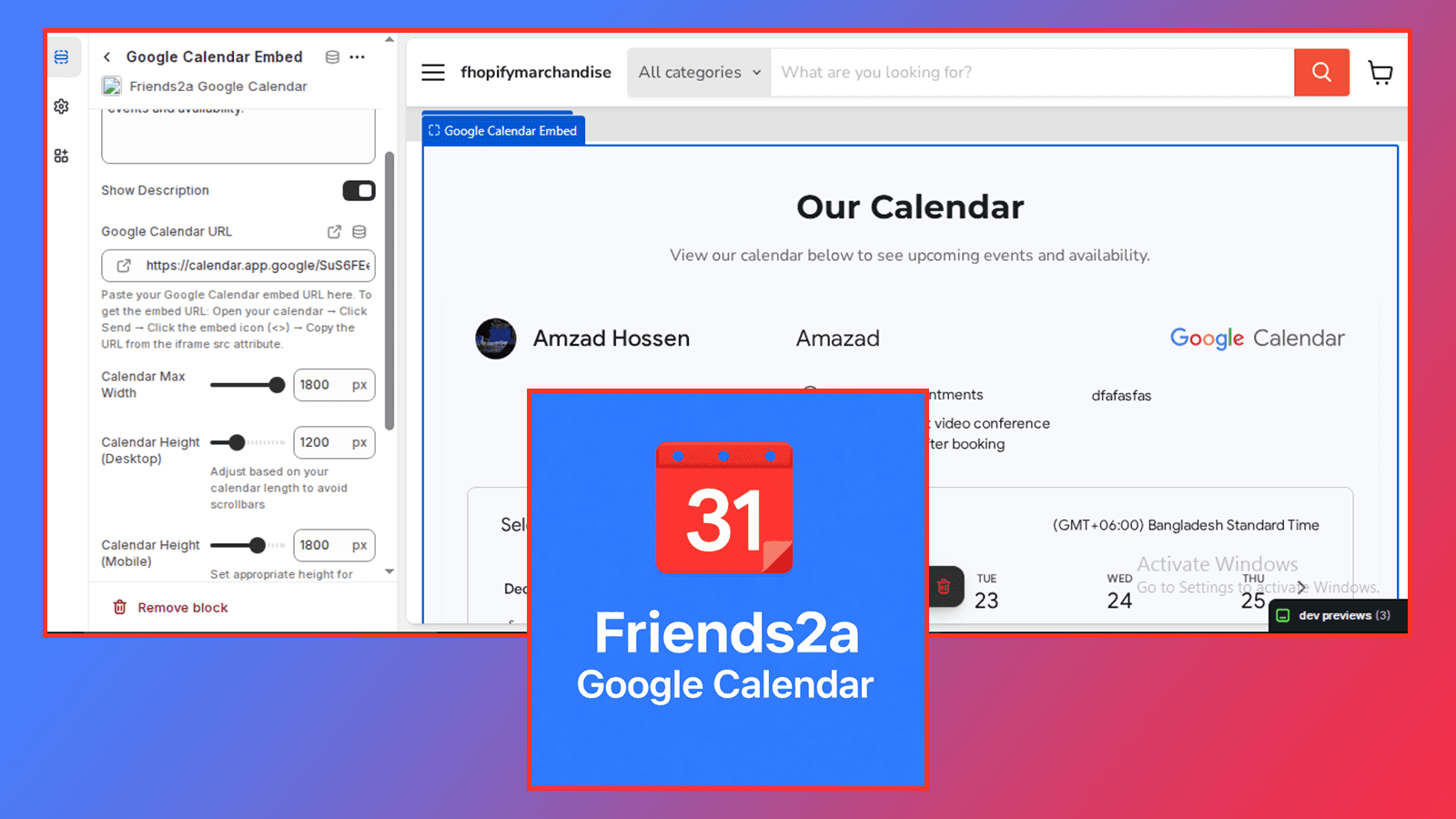Calendar embed settings panel