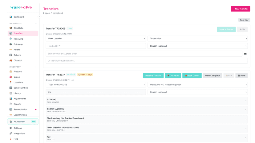 Move stock between locations and confirm every item on arrival.