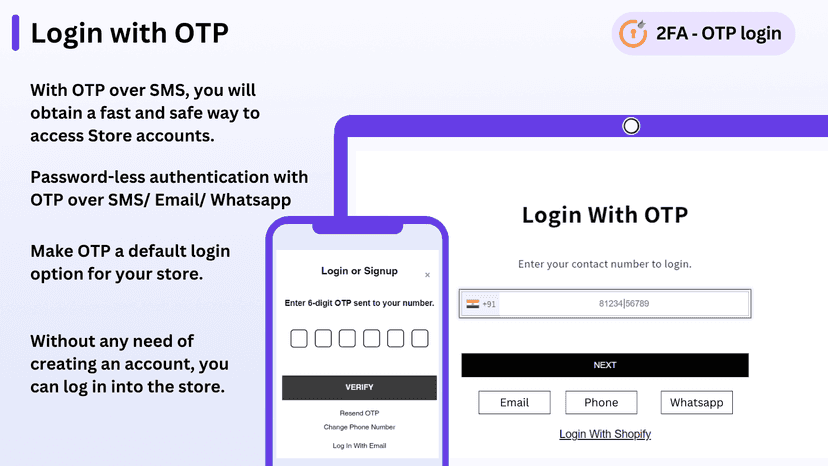 Login with OTP, Two Factor Authentication, Login with phone