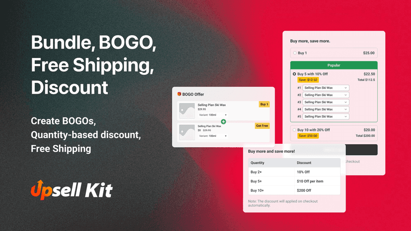 Upsell App, Bogo, Bundles, Free Shipping, Discount